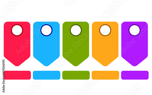 Infographic for business promotion featuring five colorful tags with blank spaces.