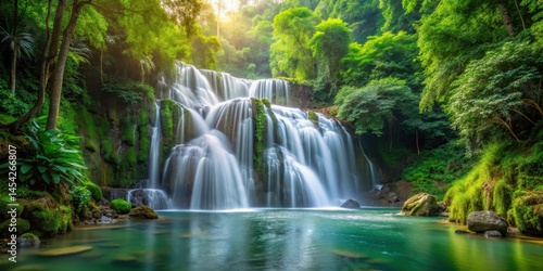Fototapeta Naklejka Na Ścianę i Meble -  Waterfall cascading gracefully in the midst of a lush forest, nature, river,  nature, river, outdoors, peaceful, tranquil