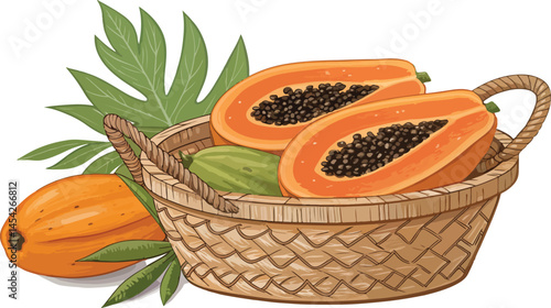 Papaya vector design, Papaya in basket with papaya slice in white background