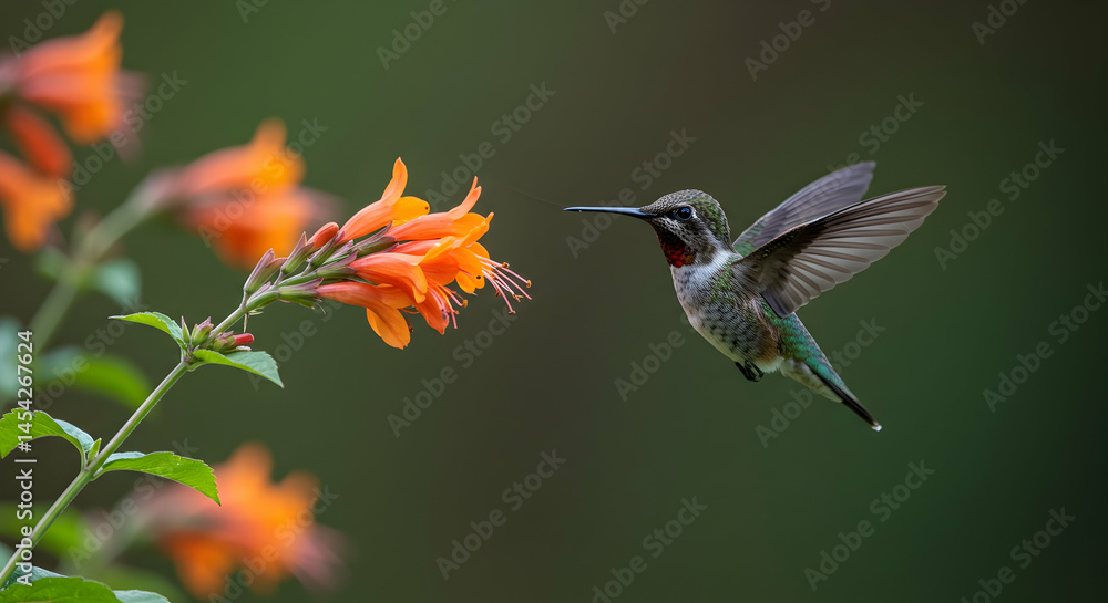 Fototapeta premium Hummingbird in Flight Approaching Vibrant Orange Flower Bloom