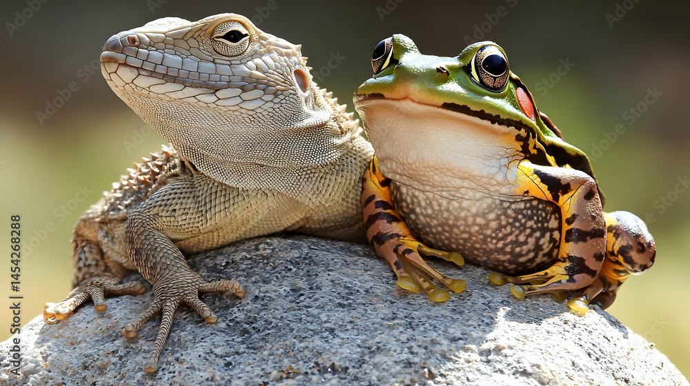 Lizard And Frog On Rock Lizard And Frog On Rock