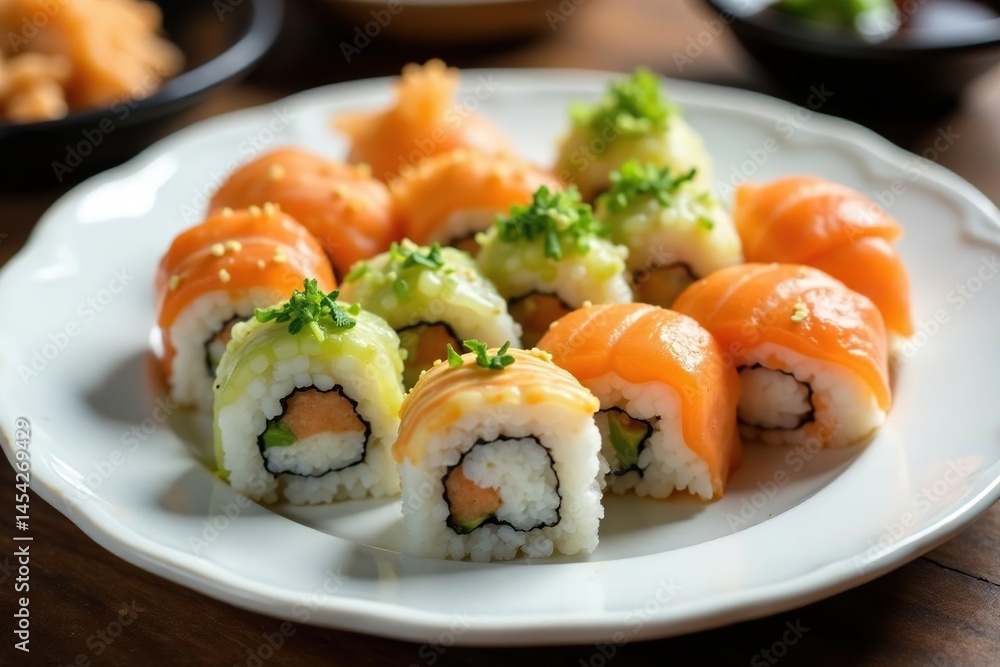 Variety of sushi rolls on white plate, soy sauce, wasabi, lunch, asia Variety of sushi rolls on white plate, soy sauce, wasabi, lunch, asia