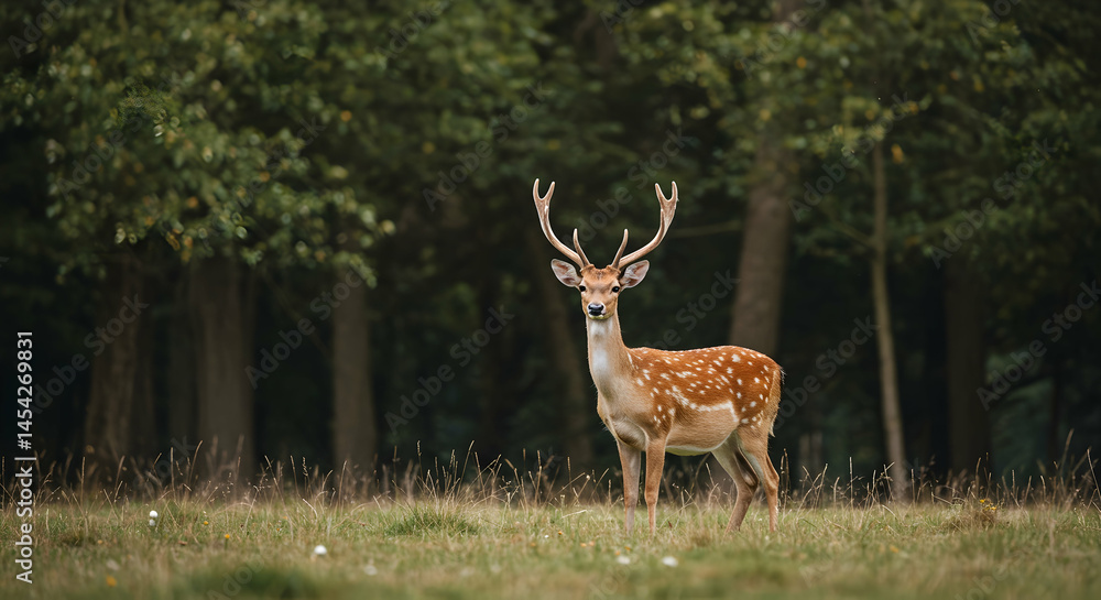 Fototapeta premium Majestic Male Deer in Forest Setting with Antlers Displaying Beauty