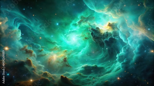 Stunning celestial photograph featuring a vibrant turquoise green nebula with swirling clouds of gas and dust against a dark starry background , nebula, stars
