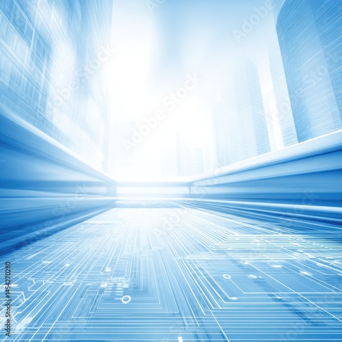 Abstract blue digital landscape with bright futuristic light and geometric lines representing technology, innovation, and digital transformation in urban environment