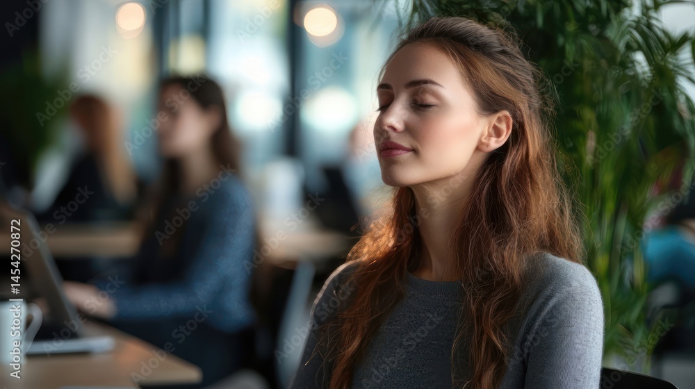 Calm breathing at workstation, mindful work environment Calm breathing at workstation, mindful work environment