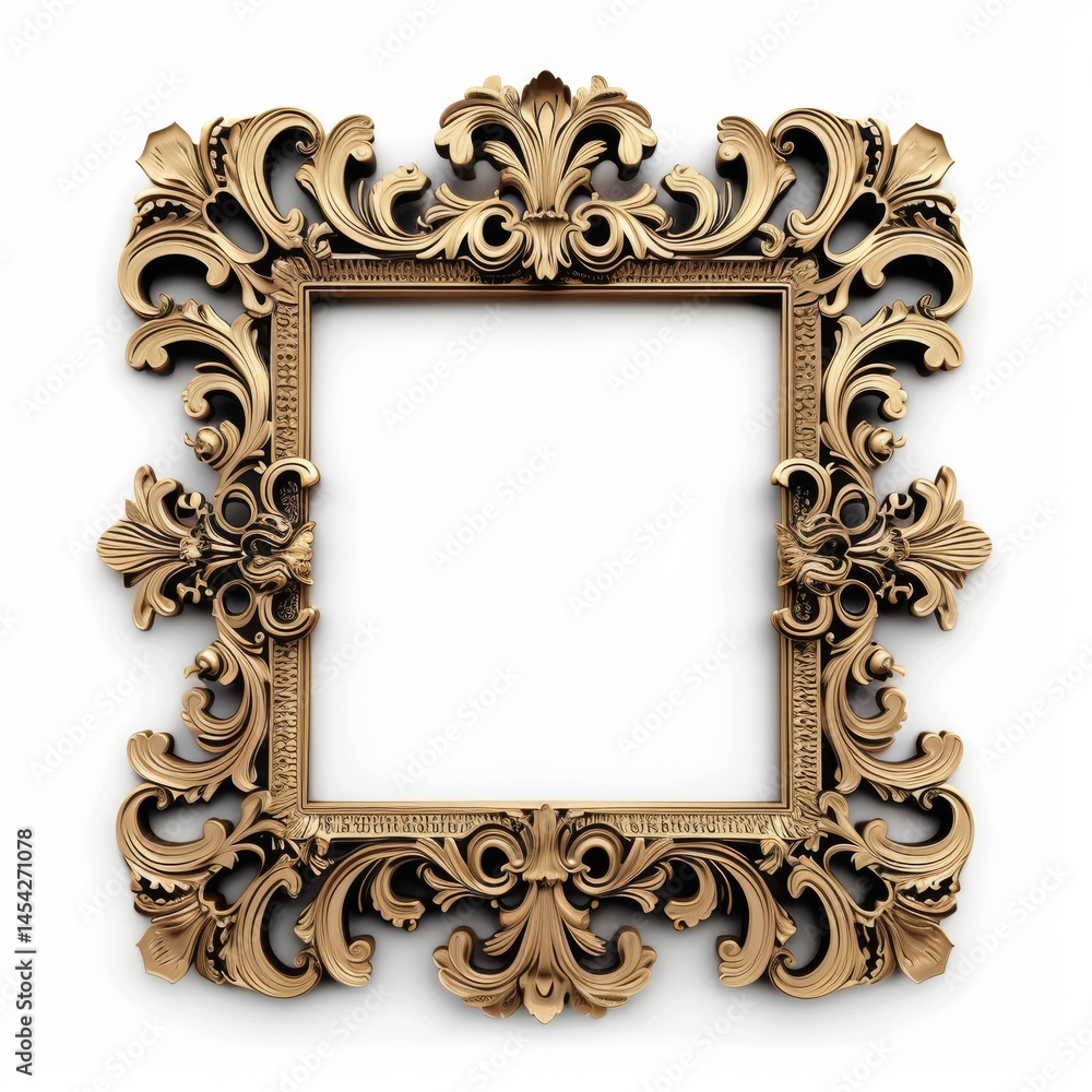 Openwork square golden colored frame isolated on white background.