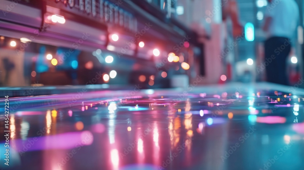 Futuristic production line with vibrant lights reflecting on a surface Futuristic production line with vibrant lights reflecting on a surface