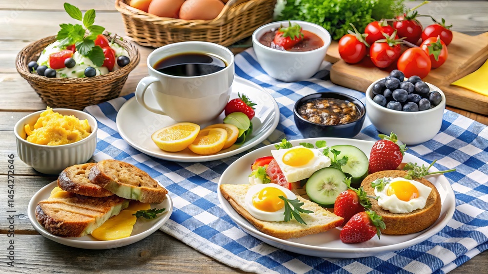 Traditional Scandinavian breakfast with rye bread, boiled eggs, smoked salmon, cucumber slices, cherry tomatoes, fresh herbs, and butter served on rustic ceramic plate with linen napkin and cup of bla Traditional Scandinavian breakfast with rye bread, boiled eggs, smoked salmon, cucumber slices, cherry tomatoes, fresh herbs, and butter served on rustic ceramic plate with linen napkin and cup of bla