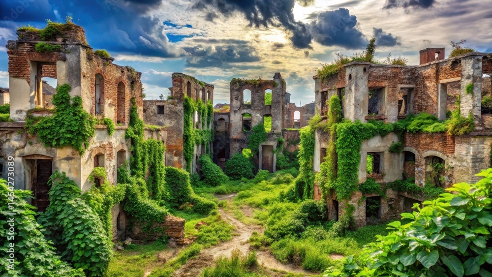 Naklejka premium Ruins of a once-thriving city with crumbling buildings overgrown by vines and weeds , desolate landscape, devastation