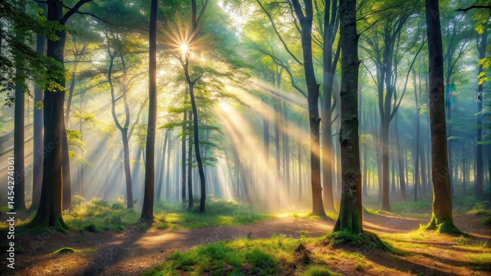 Misty forest in the morning with sun rays filtering through the trees, creating dappled light and shadows on the forest floor and branches, atmospheric lighting, forest mist Misty forest in the morning with sun rays filtering through the trees, creating dappled light and shadows on the forest floor and branches, atmospheric lighting, forest mist