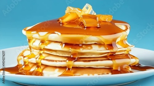 Delicious pancakes stacked high with melted butter and syrup on a vibrant blue background.