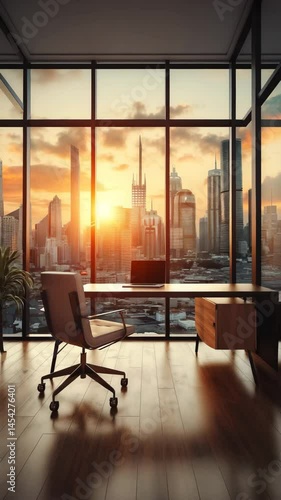 Modern office space with stunning sunset view over city skyline.
