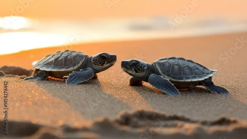 Two baby turtles explore the sandy beach at sunset, showcasing nature's beauty and innocence.