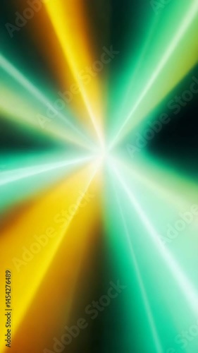 Vibrant light rays in green and yellow create an abstract, dynamic background.