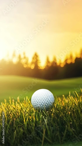 A close-up of a golf ball resting on vibrant green grass at sunset.