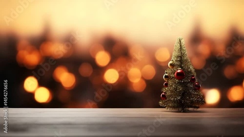 A festive Christmas tree with ornaments shining against a warm, glowing background.