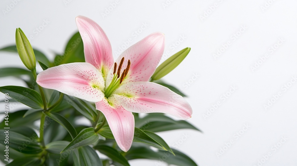 Obraz premium Pink lily flower with green leaves and buds. Simple background
