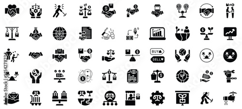 Collection of black and white icons representing business, finance, trade, and global economy