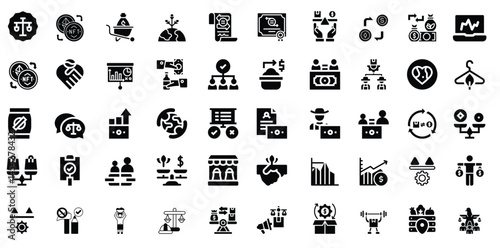 Collection of business and finance icons representing various aspects of investment and transactions