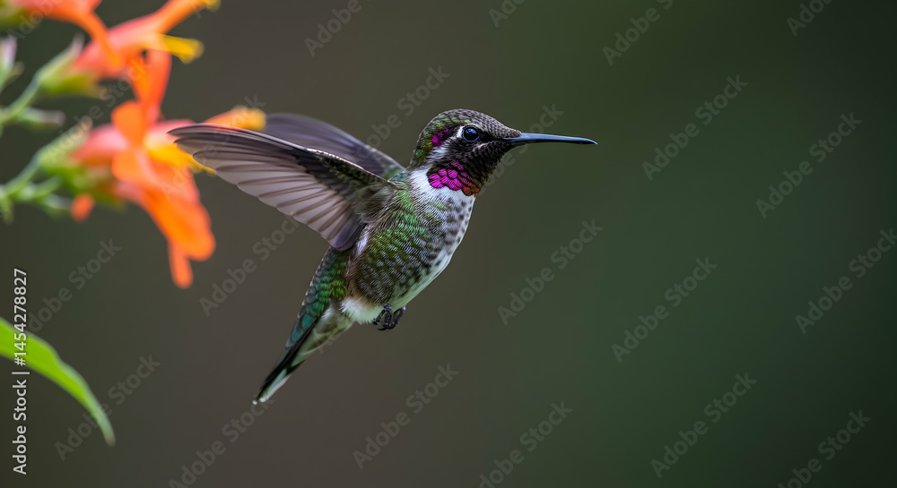Naklejka premium Vibrant Hummingbird in Mid-Flight Near Colorful Flowering Plant