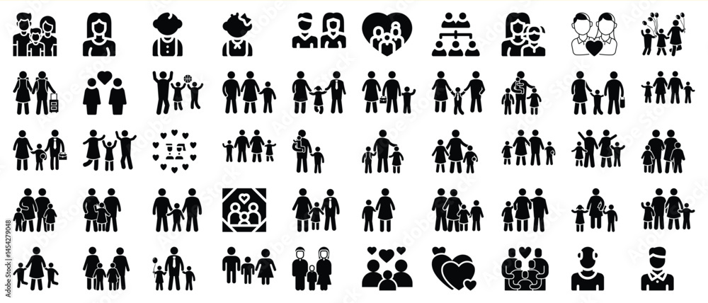 Diverse black and white family icons representing parenthood relationships and unity Diverse black and white family icons representing parenthood relationships and unity