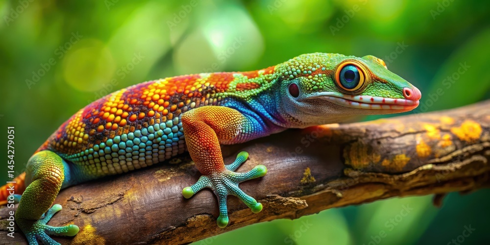 Fototapeta premium Colorful gecko lizard with vibrant scales and unique pattern sitting on a tree branch in a lush green forest environment , colorful gecko lizard, scale