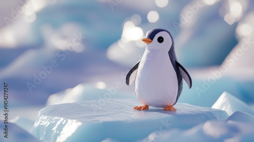Charming Low Poly Penguin Standing on an Iceberg in a Serene Arctic Landscape