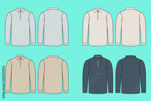 Mens Half Zipped long sleeve Polo shirt colour way set fashion flat sketch template outline CAD mockup.