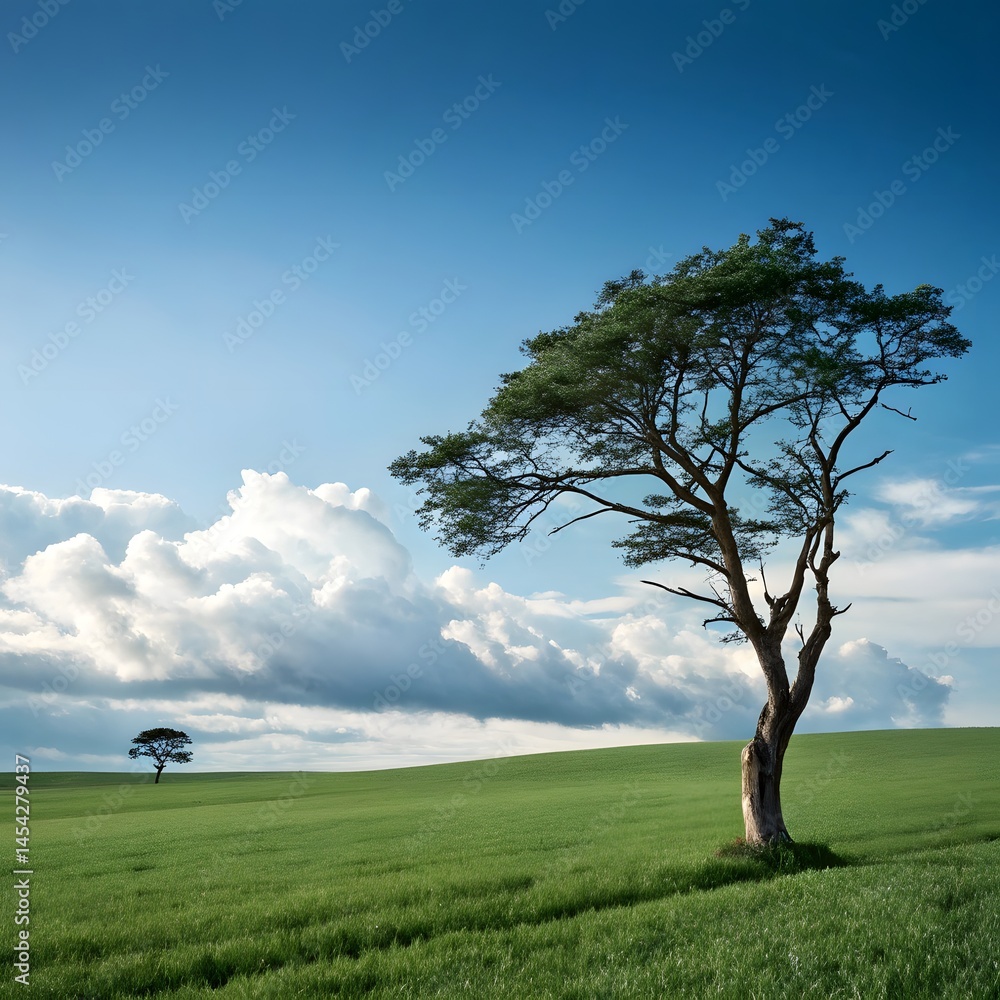 Minimalist Nature Scene – Single Tree in Vast Green Meadow with Blue Sky
Minimalist Nature Scene – Single Tree in Vast Green Meadow with Blue Sky