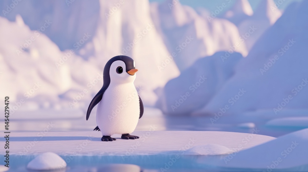 Obraz premium Adorable cartoon penguin in a snowy arctic landscape standing on ice