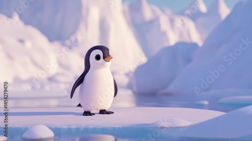 Adorable cartoon penguin in a snowy arctic landscape standing on ice