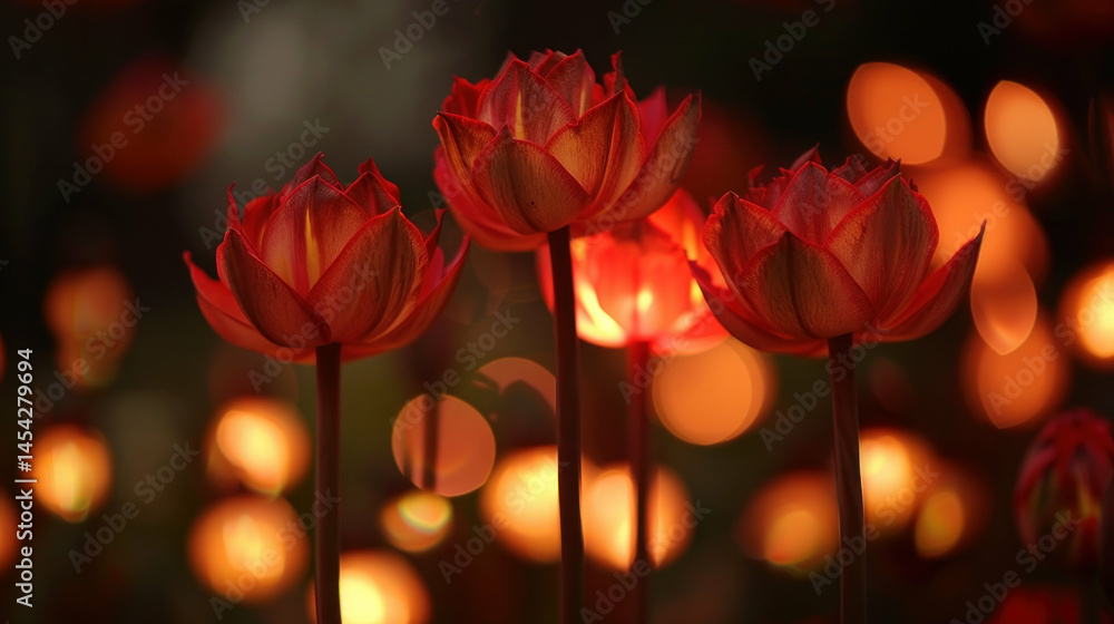 Obraz premium Red flowers illuminated at night serene bokeh background