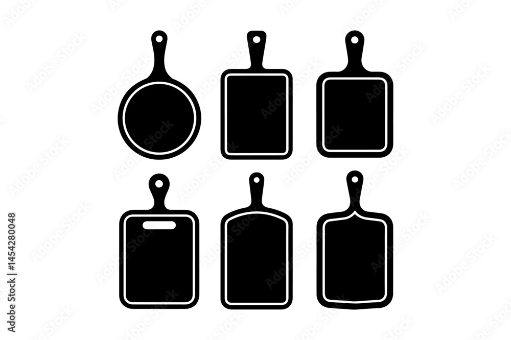 Set of six black and white cutting boards with various shapes and handles Set of six black and white cutting boards with various shapes and handles