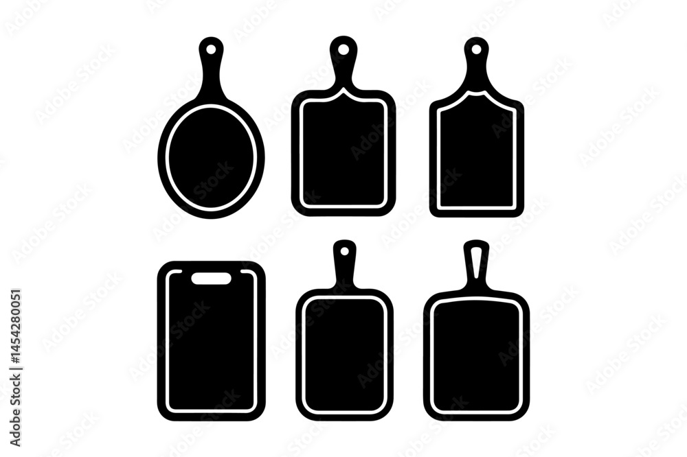 Set of six black and white cutting boards with various shapes and handles Set of six black and white cutting boards with various shapes and handles