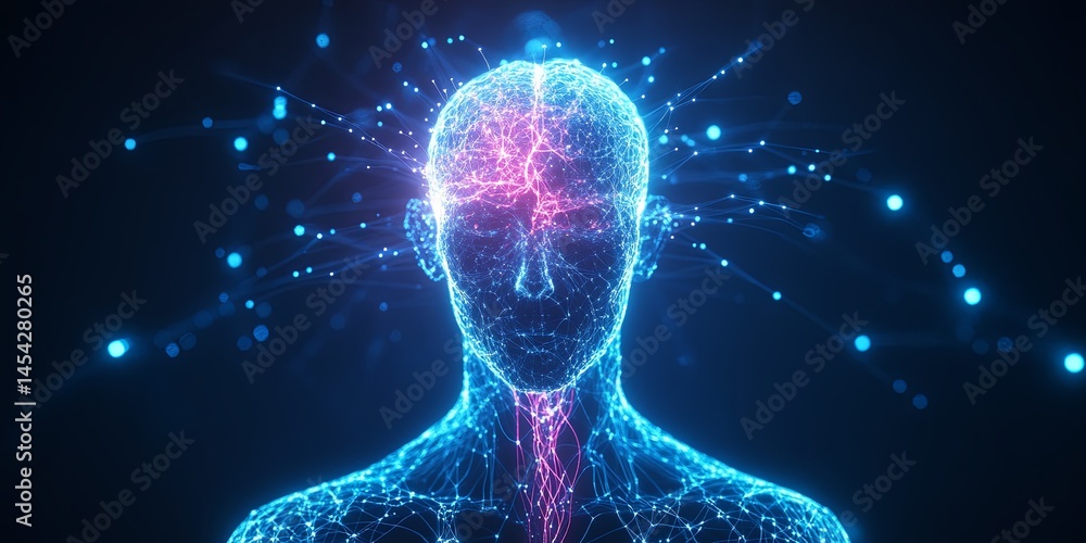 A glowing neural representation of the human nervous system, with electric impulses symbolizing signal transmission between the brain and limbs A glowing neural representation of the human nervous system, with electric impulses symbolizing signal transmission between the brain and limbs