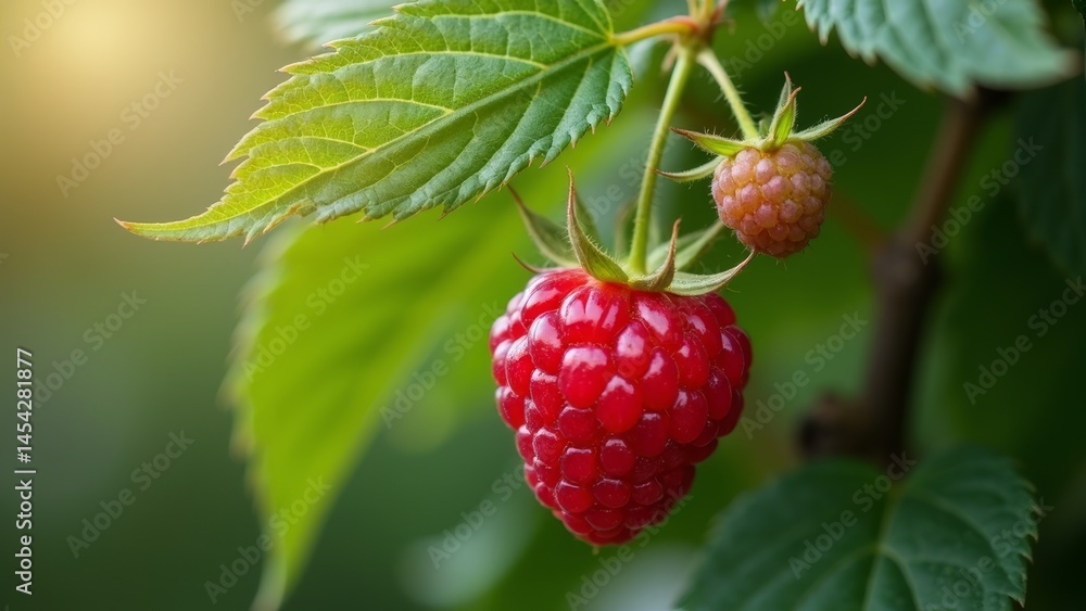 Close up image of raspberry branches and leaves Close up image of raspberry branches and leaves