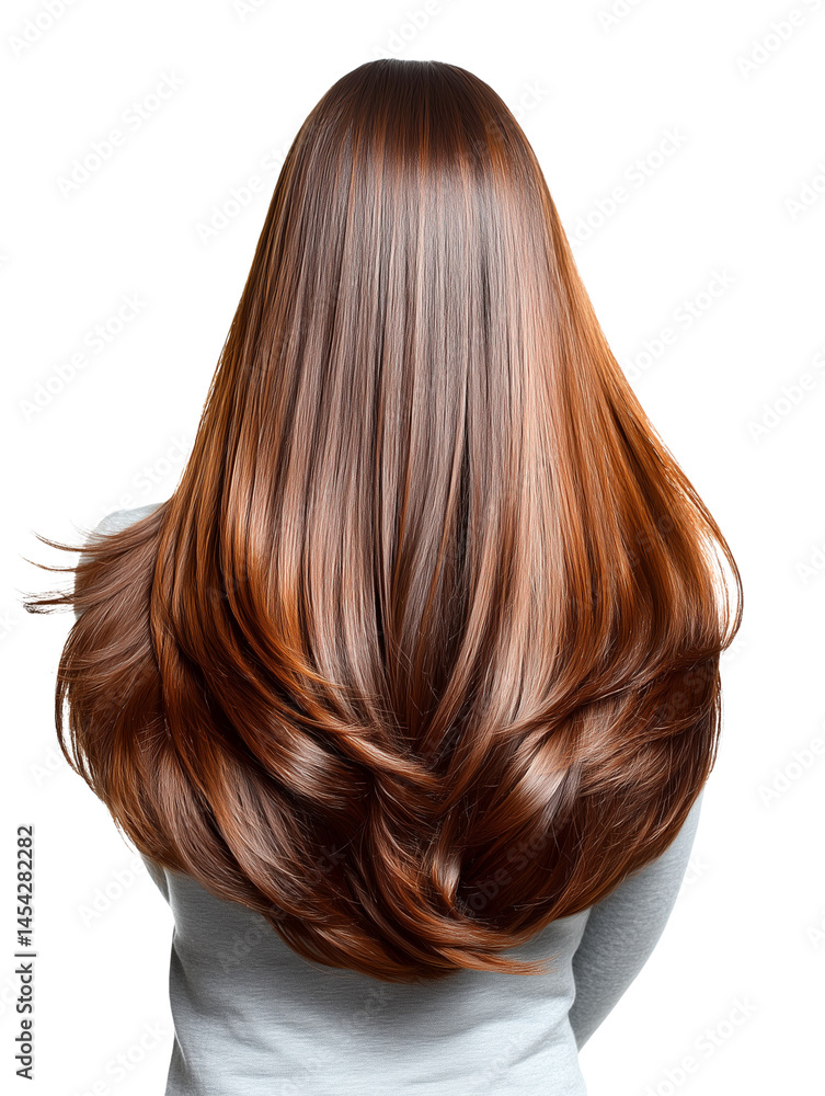Back view of a woman with long, shiny brown hair on a white background Back view of a woman with long, shiny brown hair on a white background
