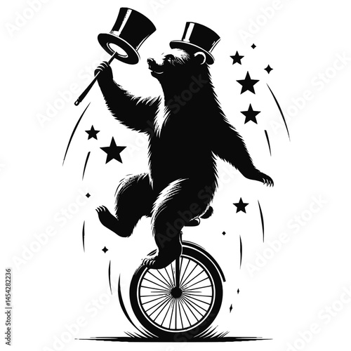 Circus bear on unicycle silhouette illustration