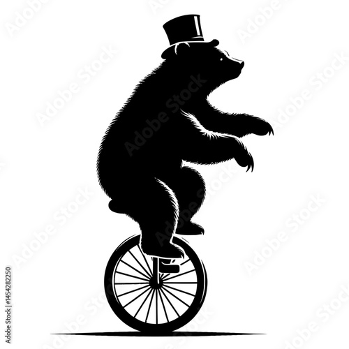 Bear riding unicycle silhouette vector black on white