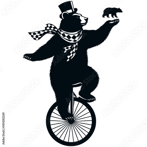 Bear riding unicycle vector silhouette on white