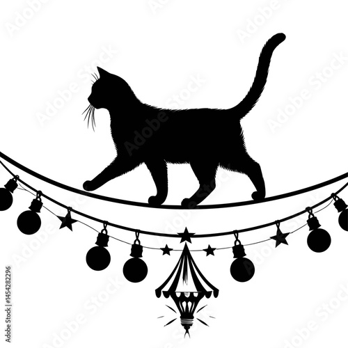 Cat on tightrope silhouette black vector on white
