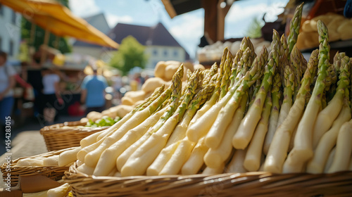 A vibrant Asparagus Festival in Germany, celebrating the prized white asparagus, Spargelfest, with lively farmers' markets showcasing fresh seasonal produce. Locals and tourists enjoy a bustling outdo