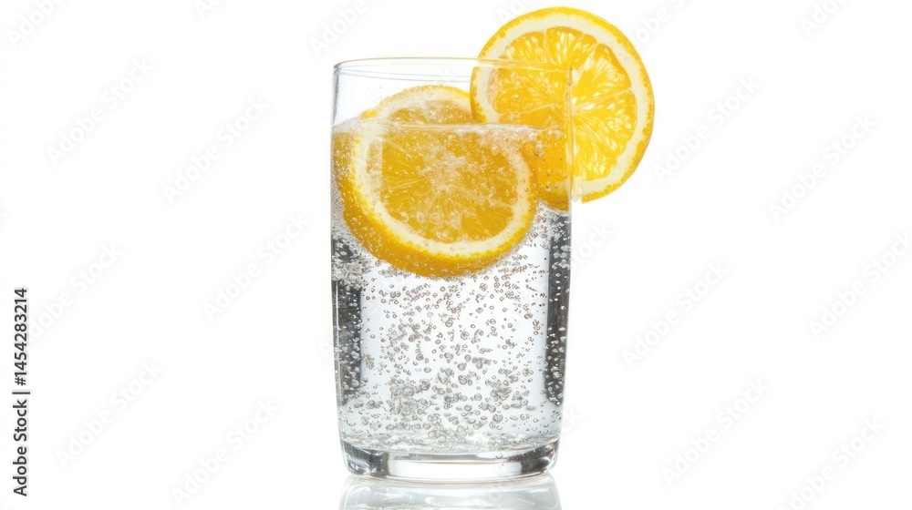 Crisp citrus soda in glass, simple and refreshing, white studio background Crisp citrus soda in glass, simple and refreshing, white studio background
