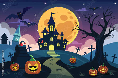 Eerie Halloween Scene with Haunted House