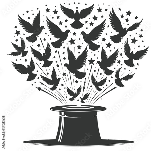 Doves Flying Hat Circus Silhouette Flat Vector