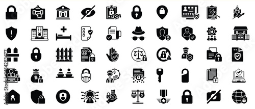 Set of vector security icons representing protection, privacy, and confidentiality in black and white