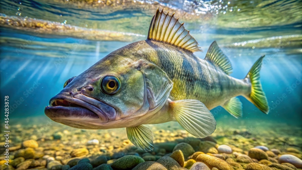 A close-up shot of a Pikeperch's scales glistening in the light as it navigates through the crystal-clear waters of its home pond, fish scales, fish navigation A close-up shot of a Pikeperch's scales glistening in the light as it navigates through the crystal-clear waters of its home pond, fish scales, fish navigation