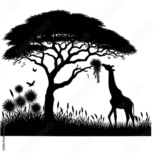 Tall Tree Giraffe Eating Silhouette Flat Design