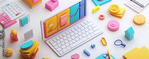 Whimsical setup featuring a laptop, money, data graphs,  and office supplies in pastel colors